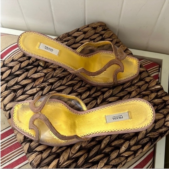 Prada Gold Suede Trimmed Textured Lucite Heeled Mules - Picture 7 of 14